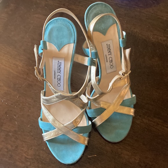Jimmy Choo. 4” Teal-Gold. Metallic. Adjustable strap. Comfortable. Size 37 - Picture 9 of 10